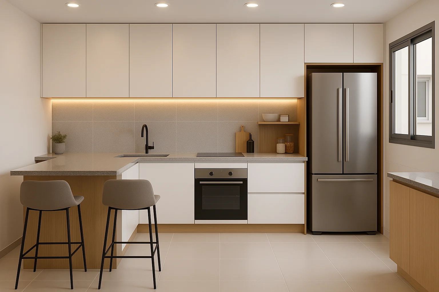 Cozinha compacta moderna e funcional com armários planejados